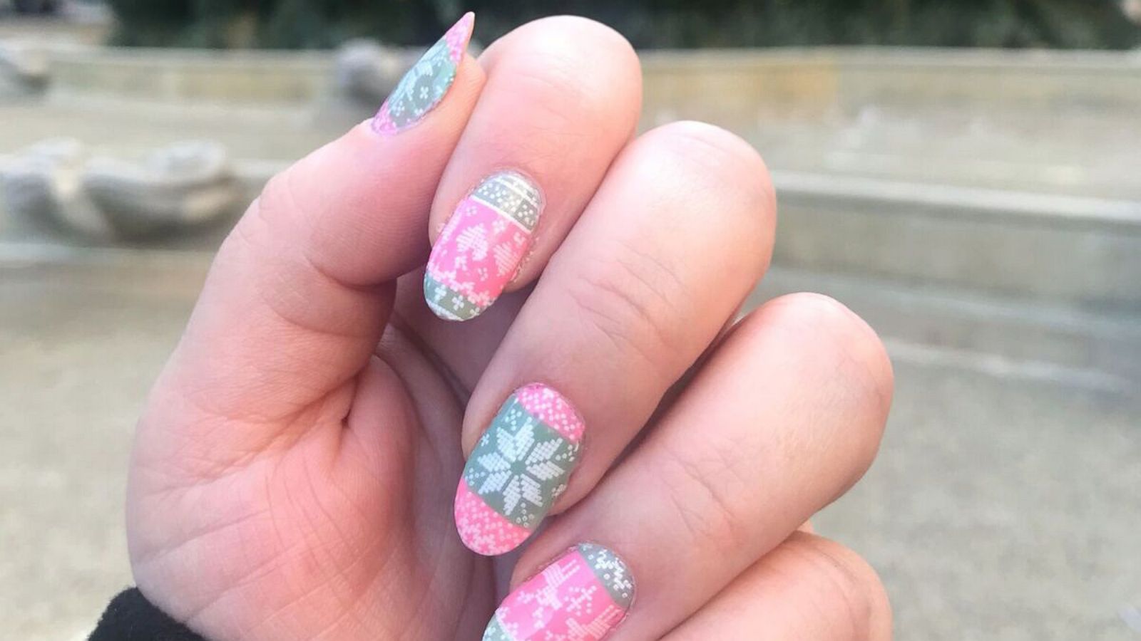 PHOTO: Bobbie Gossage of New York uses an ugly Christmas sweater nail stamping plate called MoYou London "Festive 32" to achieve the look of ugly Christmas sweater nail