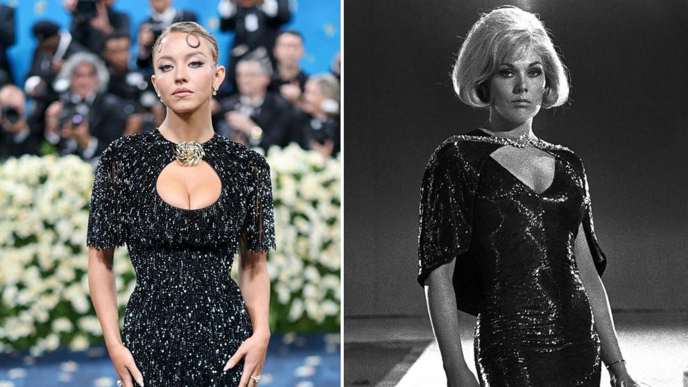 PHOTO: Sydney Sweeney attends the 2025 Met Gala in New York, May 5, 2025 and Kim Novak in 'The Legend of Lylah Clare.'