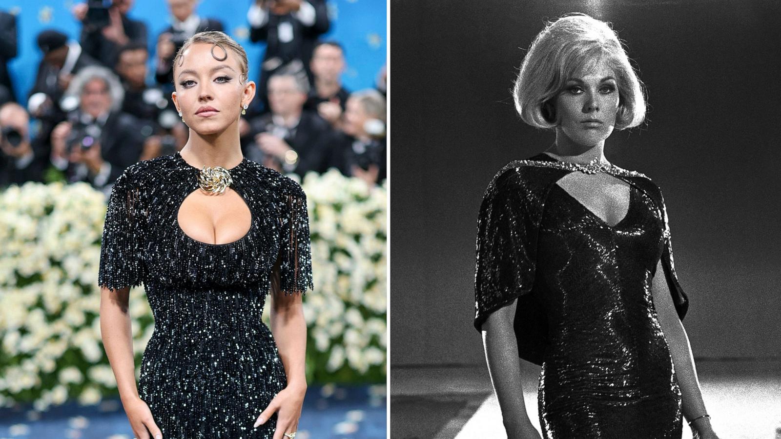 PHOTO: Sydney Sweeney attends the 2025 Met Gala in New York, May 5, 2025 and Kim Novak in 'The Legend of Lylah Clare.'
