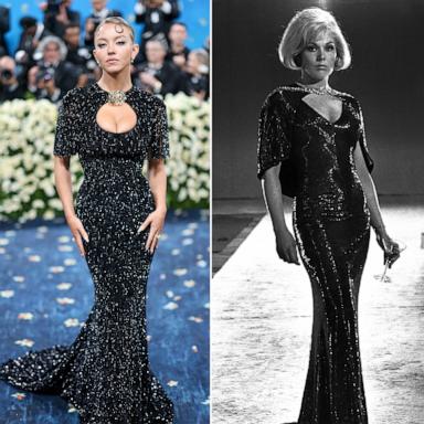PHOTO: Sydney Sweeney attends the 2025 Met Gala in New York, May 5, 2025 and Kim Novak in 'The Legend of Lylah Clare.'