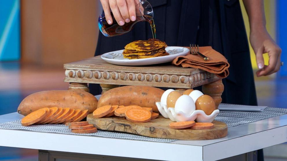 PHOTO: Two-ingredient sweet potato pancakes, seen here on 'Good Morning America,' have gone viral thanks to a husband-wife duo's TikTok video.