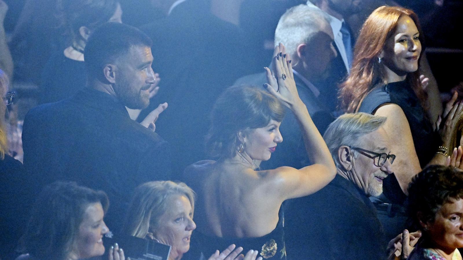 PHOTO: Inductee Taylor Swift, center, with Travis Kelce, left, at the 55th annual Songwriters Hall of Fame Induction and Awards Gala at the Marriott Marquis Hotel, June 11, 2026, in New York.