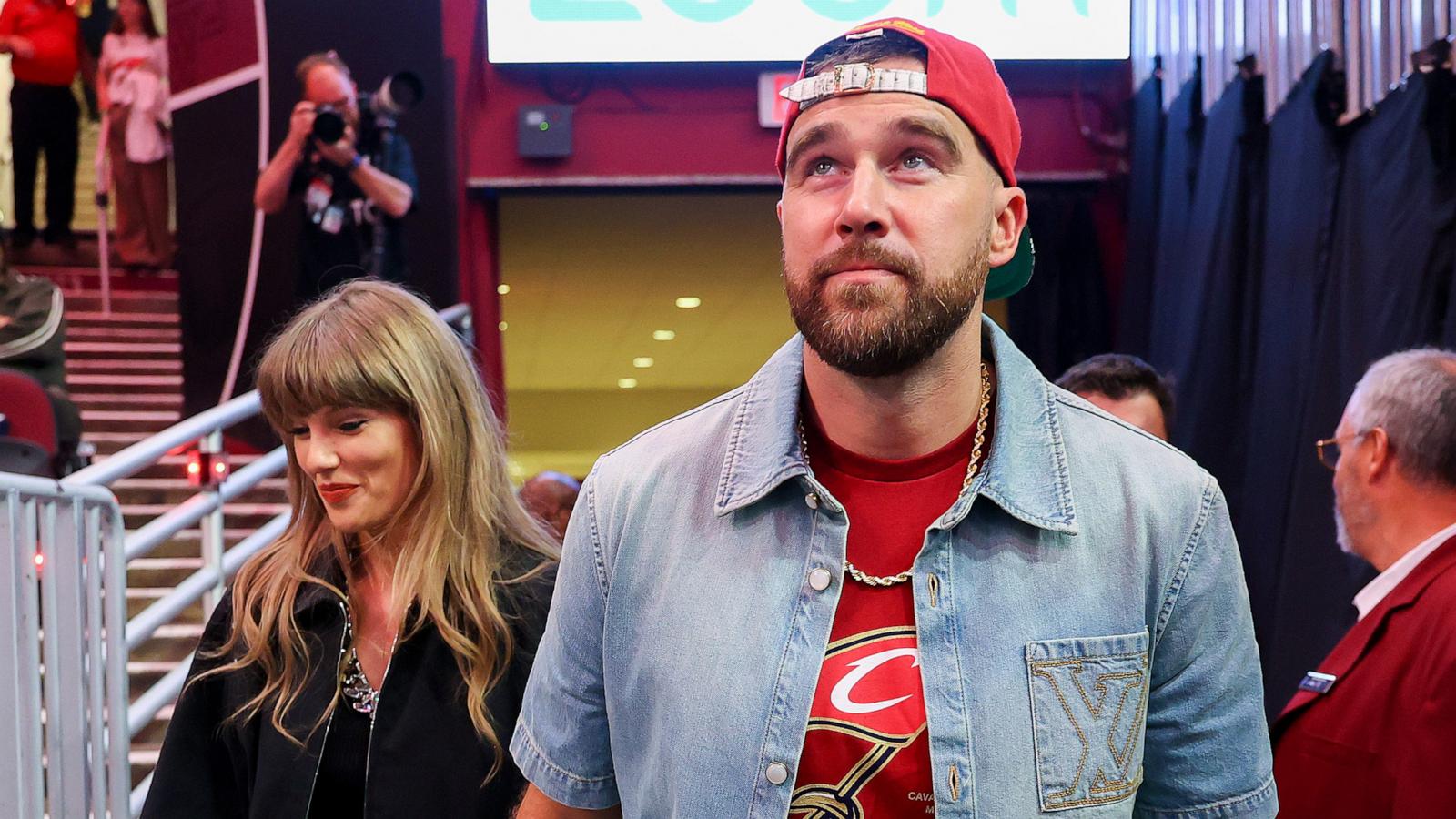 PHOTO: Taylor Swift and Travis Kelce attend Game Three between the New York Knicks and the Cleveland Cavaliers in the NBA Eastern Conference Finals at Rocket Arena on May 23, 2026 in Cleveland, Ohio.