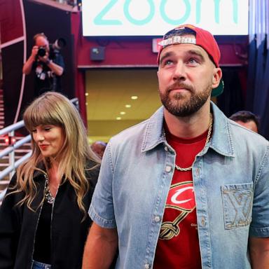 PHOTO: Taylor Swift and Travis Kelce attend Game Three between the New York Knicks and the Cleveland Cavaliers in the NBA Eastern Conference Finals at Rocket Arena on May 23, 2026 in Cleveland, Ohio.
