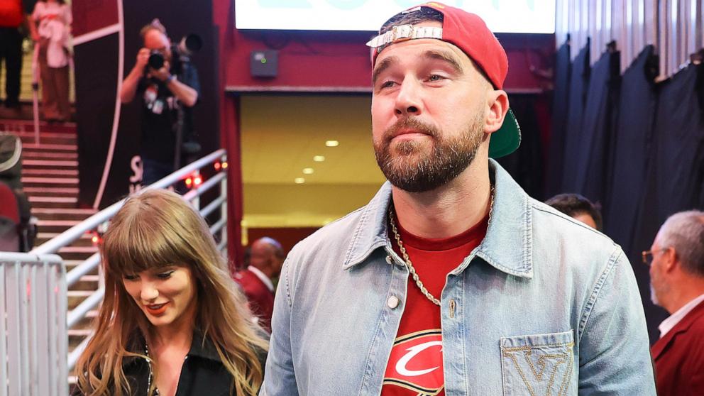 PHOTO: Taylor Swift and Travis Kelce attend Game Three between the New York Knicks and the Cleveland Cavaliers in the NBA Eastern Conference Finals at Rocket Arena on May 23, 2026 in Cleveland, Ohio.