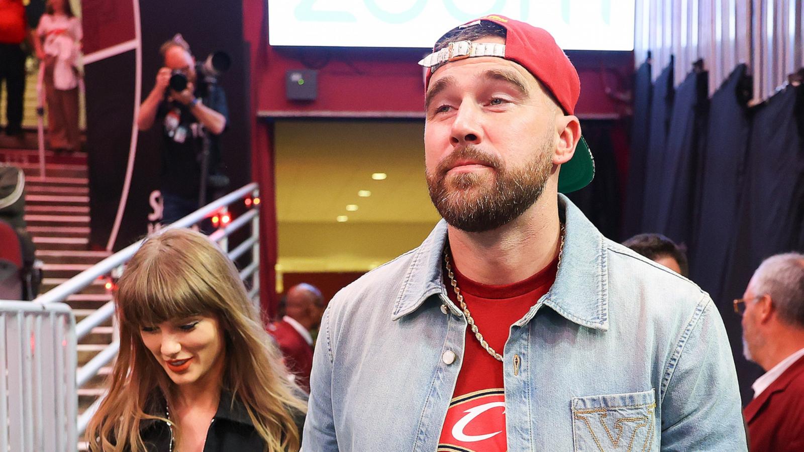 PHOTO: Taylor Swift and Travis Kelce attend Game Three between the New York Knicks and the Cleveland Cavaliers in the NBA Eastern Conference Finals at Rocket Arena on May 23, 2026 in Cleveland, Ohio.