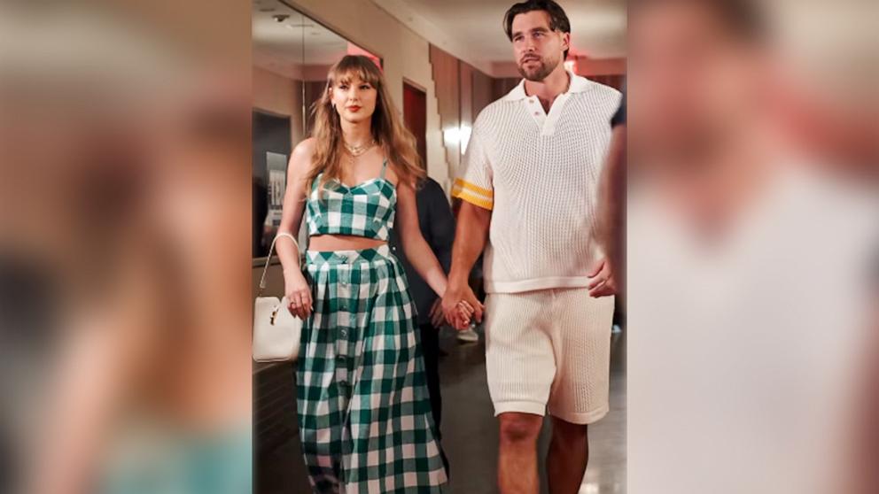 PHOTO: Taylor Swift and Travis Kelce arrive at the opening night for Kelce's Tight End University camp, June 24, 2025, in Nashville.