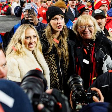 PHOTO: Brittany Mahomes, Taylor Swift, and Donna Kelce stands on the field after the AFC Championship football game between the Buffalo Bills and the Kansas City Chiefs, at GEHA Field at Arrowhead Stadium on January 26, 2025 in Kansas City, Missouri.