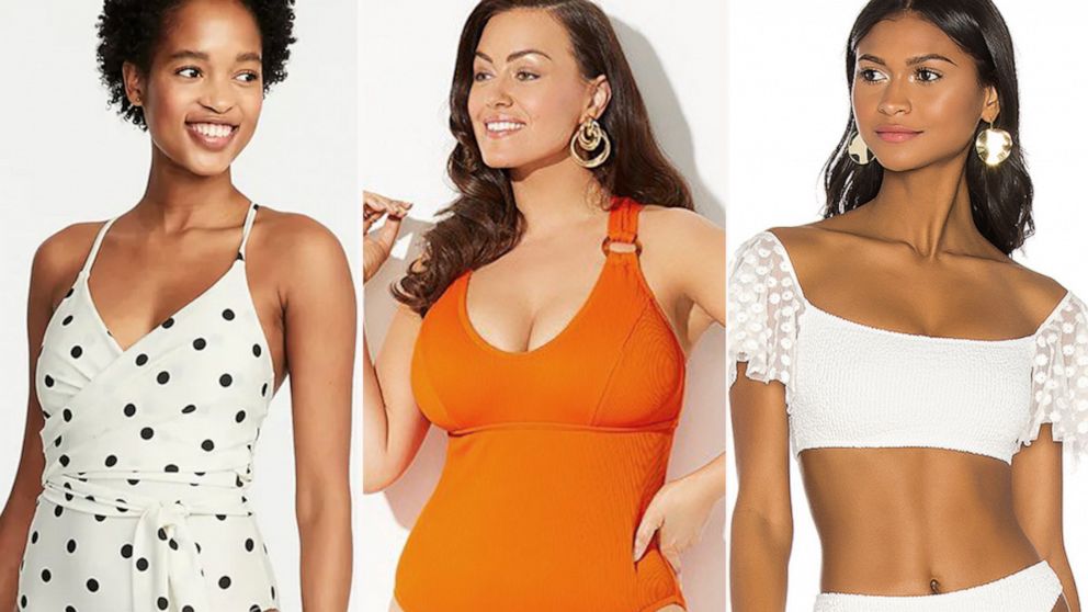 Wrap-Front Swimsuit, Ribbed X-Back One Piece and Esme Top.