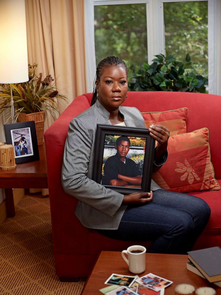 PHOTO: Sybrina Fulton, mother of Trayvon Martin, holding a portrait of her deceased son. Fort Lauderdale, Fla., April 2012.