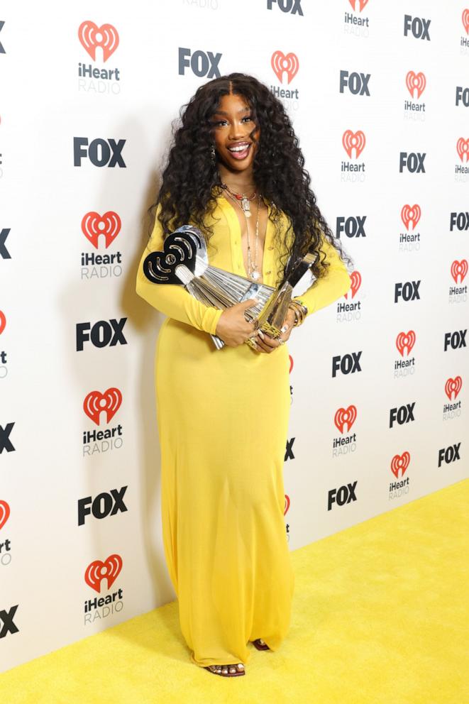 PHOTO: SZA, winner of the R&B Song of the Year, R&B Album of the Year, and R&B Artist of the Year awards, poses in the press room during the 2024 iHeartRadio Music Awards, April 1, 2024, in Los Angeles.
