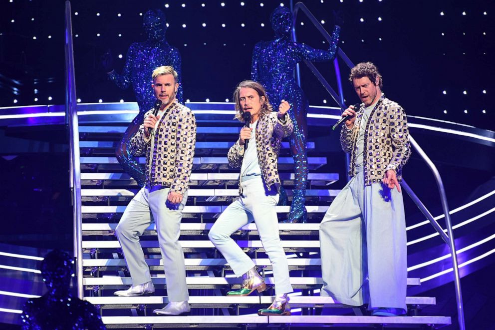 PHOTO: In this April 11, 2019, file photo, Take That perform at the FlyDSA Arena in Sheffield, U.K.