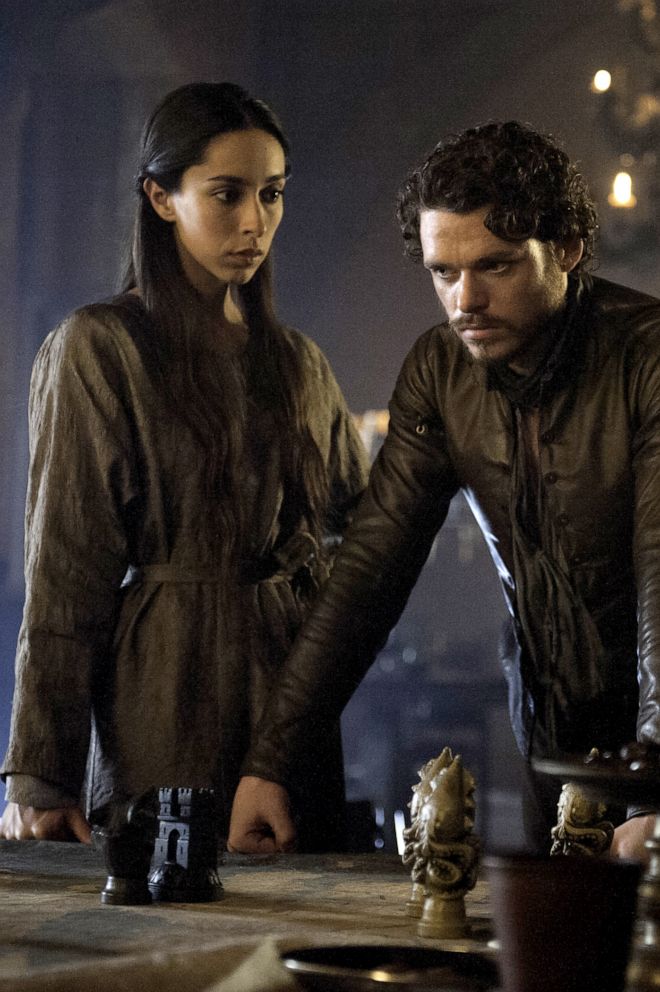  Oona Chaplin, as Talisa Stark, and Richard Madden, as Robb Stark, in a scene from 'Game of Thrones.'					