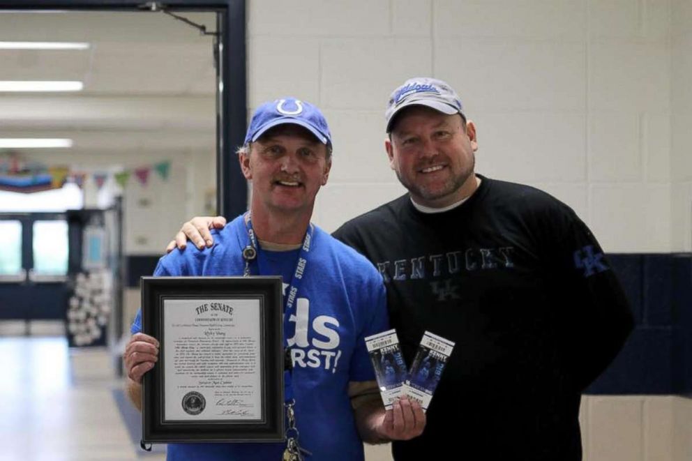 PHOTO: Tamarack Elementary School head custodian Ricky Young was surprised with University of Kentucky basketball tickets.