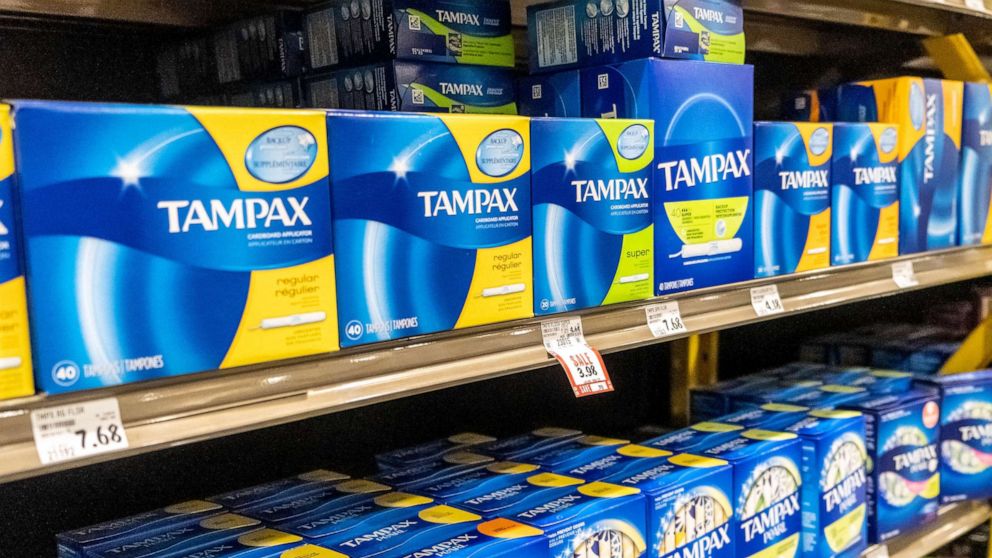 PHOTO: In this Aug. 16, 2019, file photo, boxes of tampons are shown on a supermarket shelf in Los Angeles.
