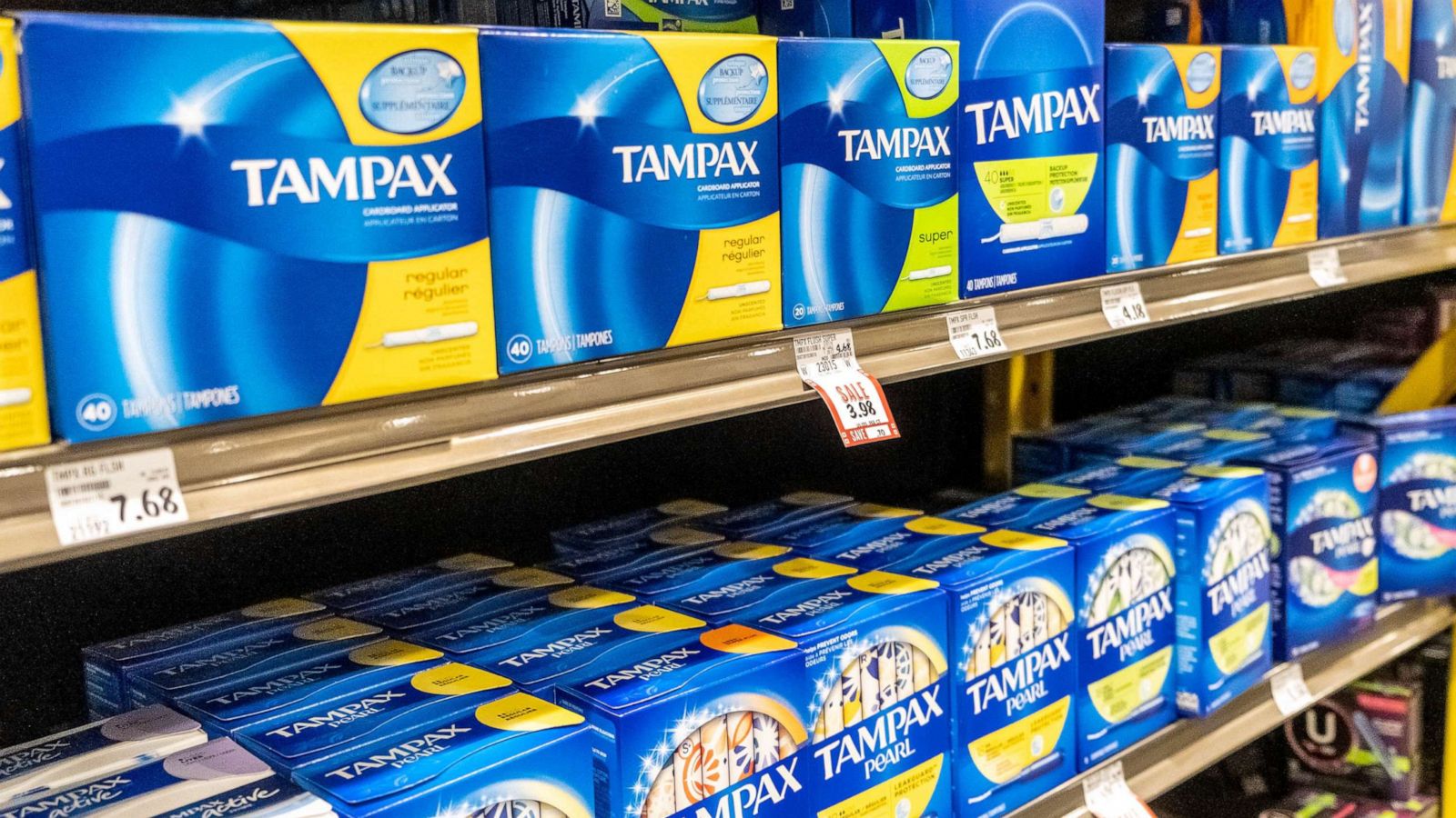 PHOTO: In this Aug. 16, 2019, file photo, boxes of tampons are shown on a supermarket shelf in Los Angeles.