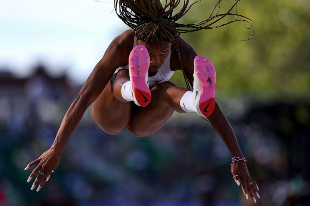 PHOTO: Tara Davis competes in the first round of the Women's Long Jump at the 2021 U.S. Olympic Track & Field Team Trials at Hayward Field, June 24, 2021, in Eugene, Oregon.