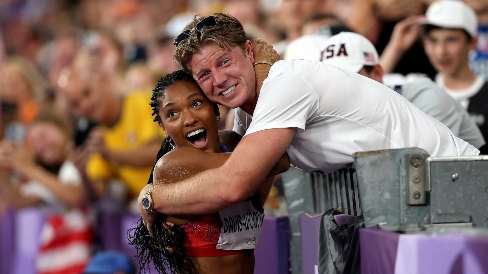 PHOTO: Tara Davis-Woodhall of Team United States celebrates winning the gold medal after competing in the Women's Long Jump Final on day thirteen of the Olympic Games Paris 2024 at Stade de France on Aug. 8, 2024 in Paris.