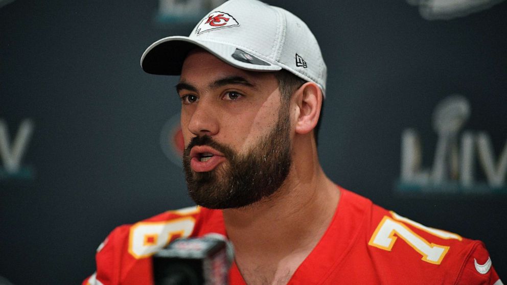 PHOTO: Laurent Duvernay-Tardif #76 of the Kansas City Chiefs speaks to the media during the Kansas City Chiefs media availability prior to Super Bowl LIV, Jan. 29, 2020, in Aventura, Fla. 