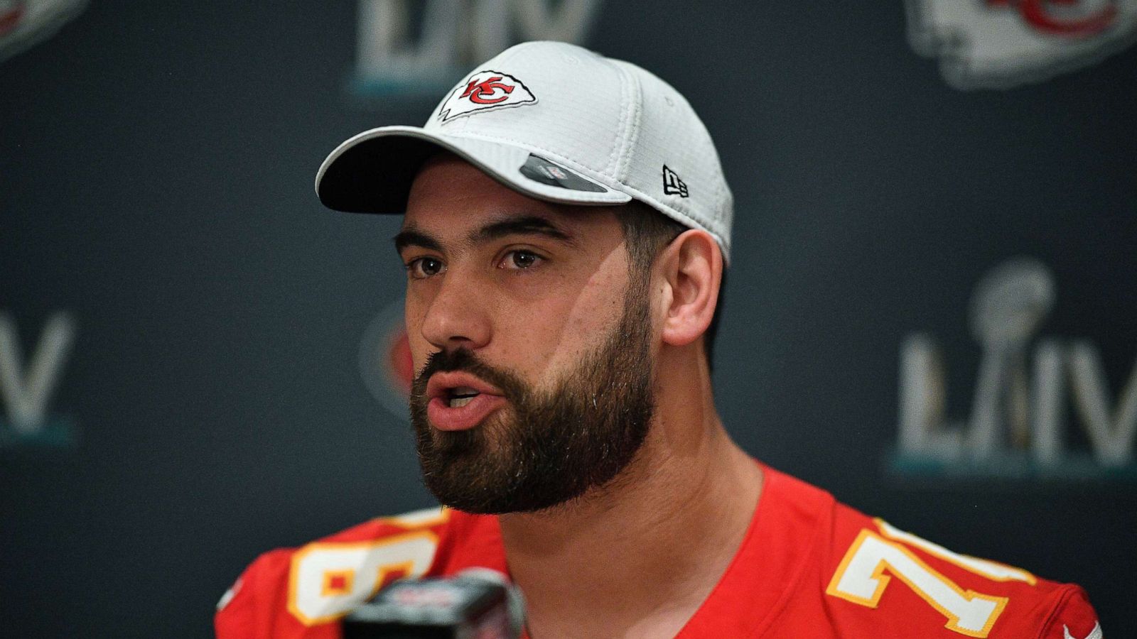 PHOTO: Laurent Duvernay-Tardif #76 of the Kansas City Chiefs speaks to the media during the Kansas City Chiefs media availability prior to Super Bowl LIV, Jan. 29, 2020, in Aventura, Fla.