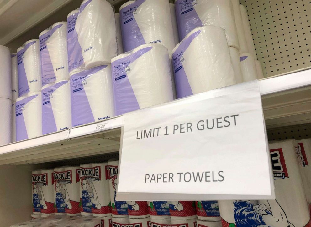PHOTO: A sign indicates a limit on purchases of paper towels in a Target store, Nov. 10, 2020, in Sheridan, Colo.