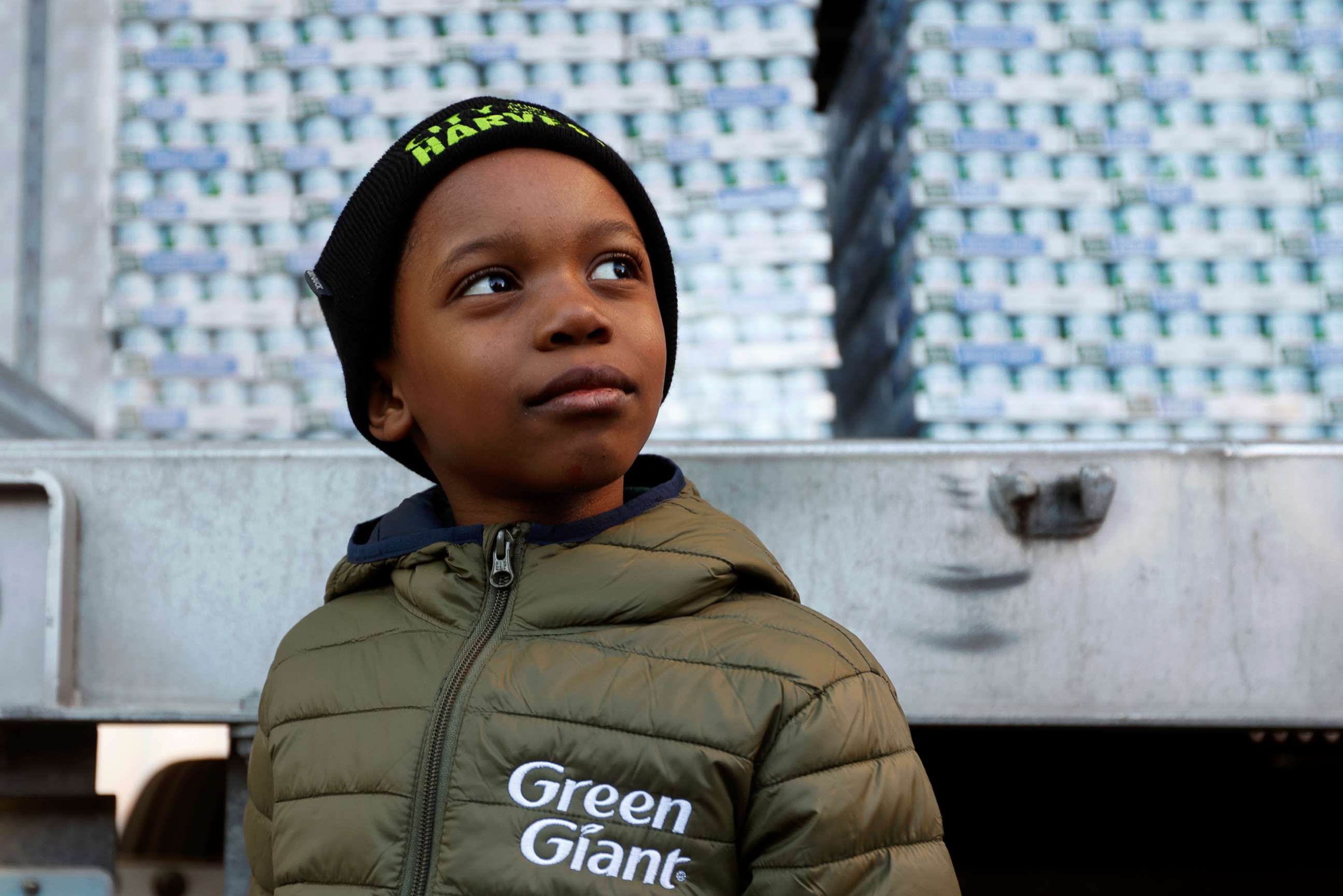 PHOTO: Green Giant partners with Tariq the "Corn Kid" to donate 90,000 cans of vegetables to City Harvest in celebration of Thanksgiving, on Nov. 21, 2022, in New York.