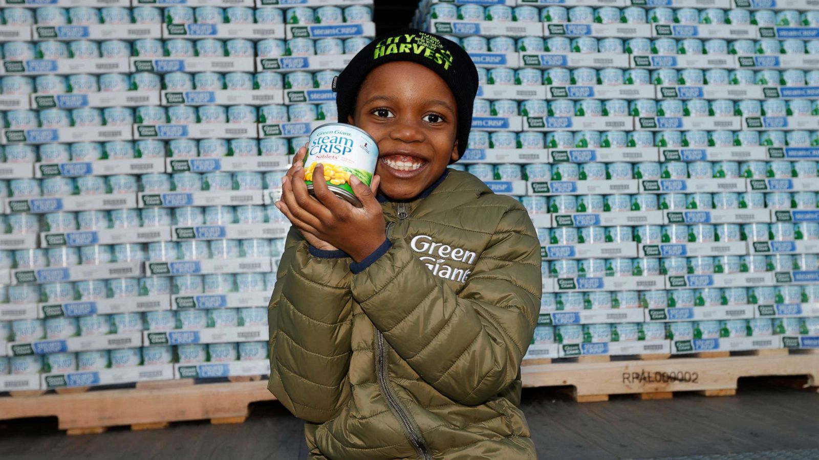 PHOTO: Green Giant partners with Tariq the "Corn Kid" to donate 90,000 cans of vegetables to City Harvest in celebration of Thanksgiving, on Nov. 21, 2022, in New York.