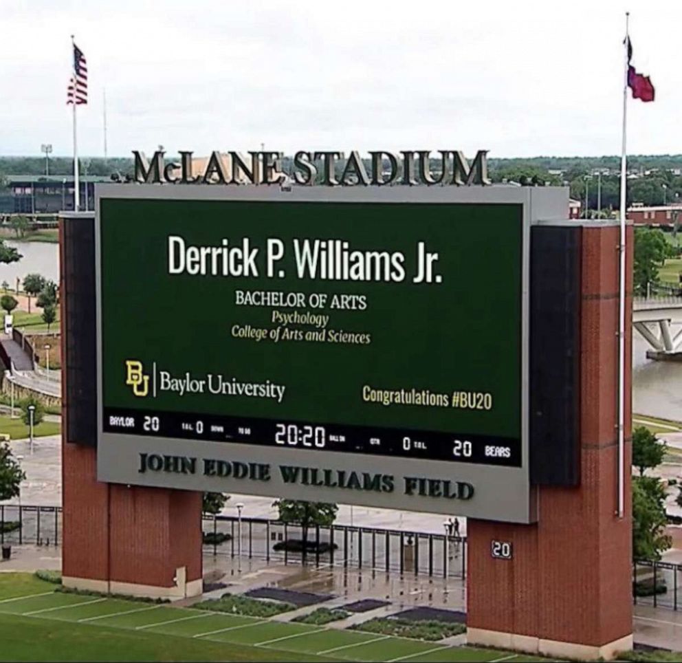 PHOTO: Derrick Williams' name is seen on at the Baylor University football stadium to mark his 2020 graduation.