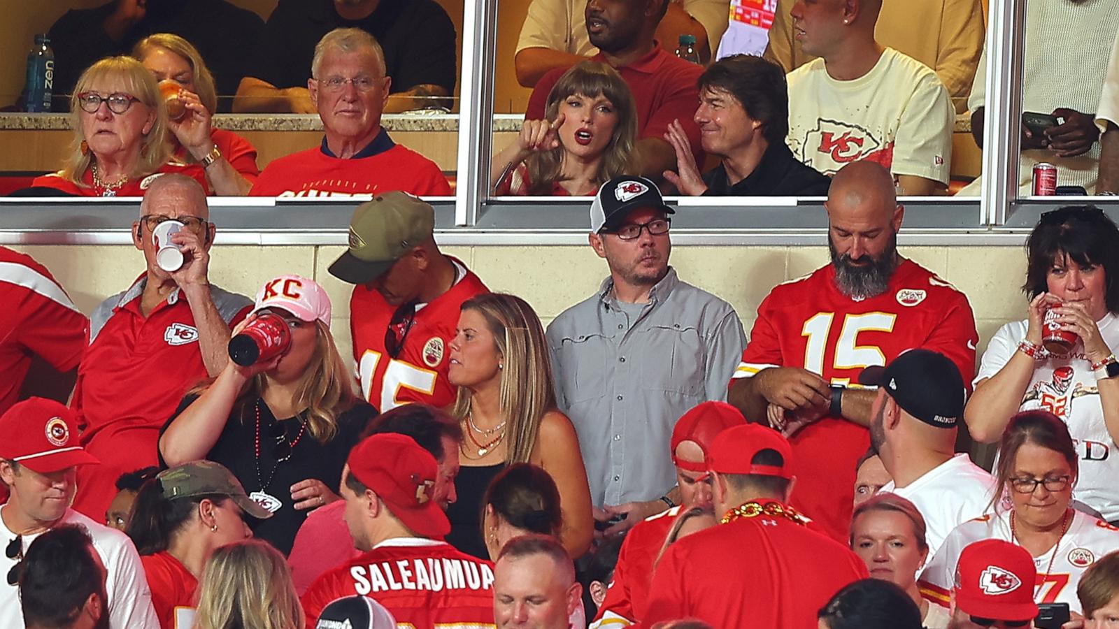 Singer Taylor Swift and actor Tom Cruise attend the game between the Kansas City Chiefs and the Denver Broncos at Arrowhead Stadium on September 14, 2026 in Kansas City, Missouri.