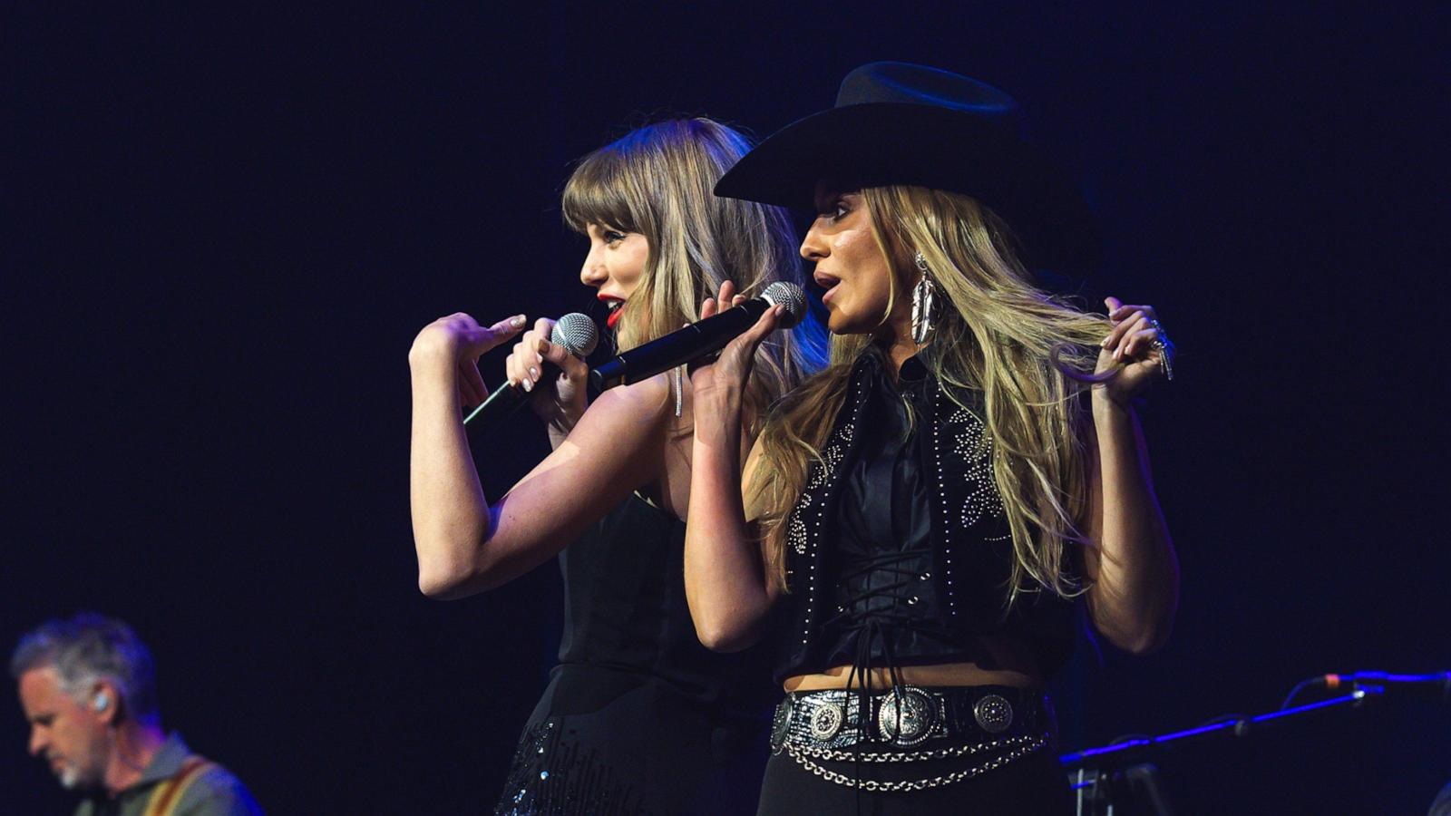 PHOTO: Taylor Swift and Lainey Wilson made surprise appearances and performances at the Sports Illustrated and Tight End University's Tight Ends & Friends Concert Presented by Reese’s in Nashville on June 23, 2026.