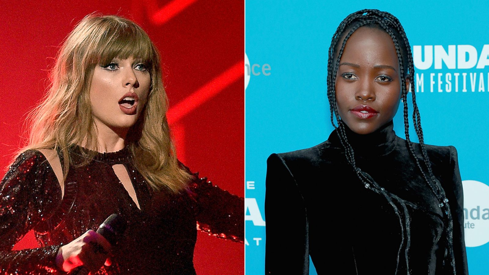 PHOTO: Taylor Swift performs onstage during the 2018 American Music Awards, Oct. 9, 2018 in Los Angeles. Lupita Nyong'o attends the "Little Monsters" Premiere during the 2019 Sundance Film Festival, Jan. 29, 2019 in Park City, Utah.