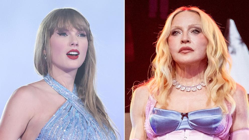 PHOTO: Taylor Swift performs at Friends Arena, May 17, 2024, in Stockholm. Madonna performs during a surprise concert in Times Square, June 4, 2026, in New York.