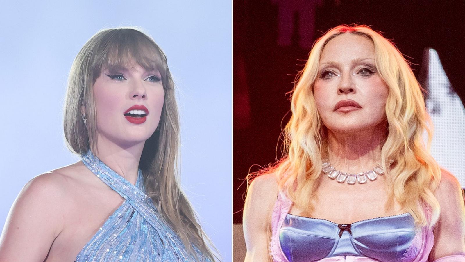 PHOTO: Taylor Swift performs at Friends Arena, May 17, 2024, in Stockholm. Madonna performs during a surprise concert in Times Square, June 4, 2026, in New York.