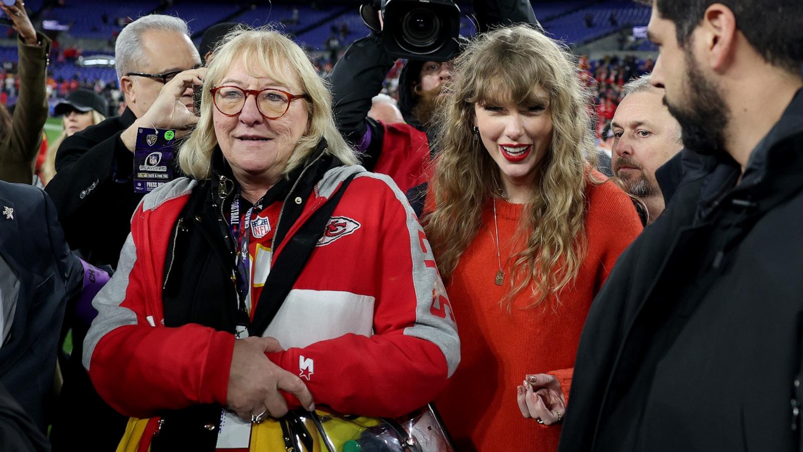 PHOTO: Taylor Swift is seen on the field with Donna Kelce, mother of Travis Kelce in the AFC Championship Game on Jan. 28, 2024 in Baltimore.