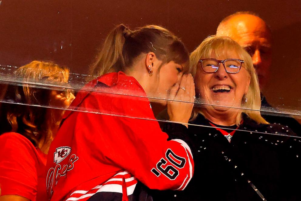 PHOTO: Taylor Swift and Donna Kelce look on before the game between the Kansas City Chiefs and the Denver Broncos Oct. 12, 2023 in Kansas City.