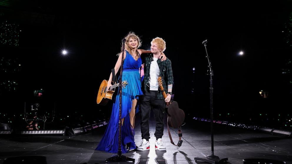 PHOTO: Taylor Swift and Ed Sheeran perform onstage during "Taylor Swift | The Eras Tour" at Wembley Stadium on Aug. 15, 2024 in London.