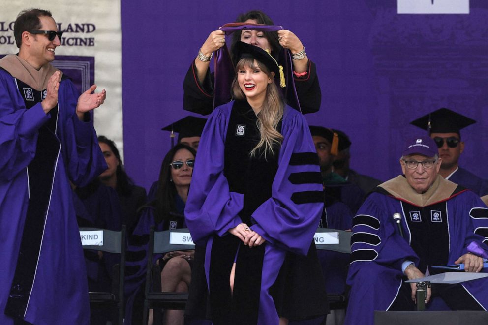PHOTO: Taylor Swift receives her Honorary Doctorate in Fine Arts during the New York University graduation ceremony at Yankee Stadium in New York, May 18, 2022.