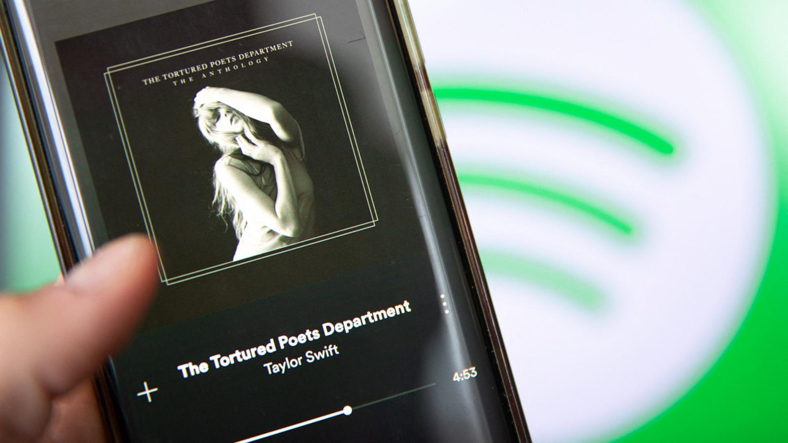 PHOTO: This photograph taken in Paris on April 19, 2024, shows a smatphone displaying the US singer-songwriter Taylor Swift's new album "The Tortured Poets Department" on Spotify.