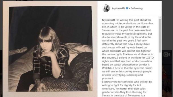 Taylor Swift Breaks Her Political Silence Endorses Democrats In Passionate Post On Midterm Elections Abc News