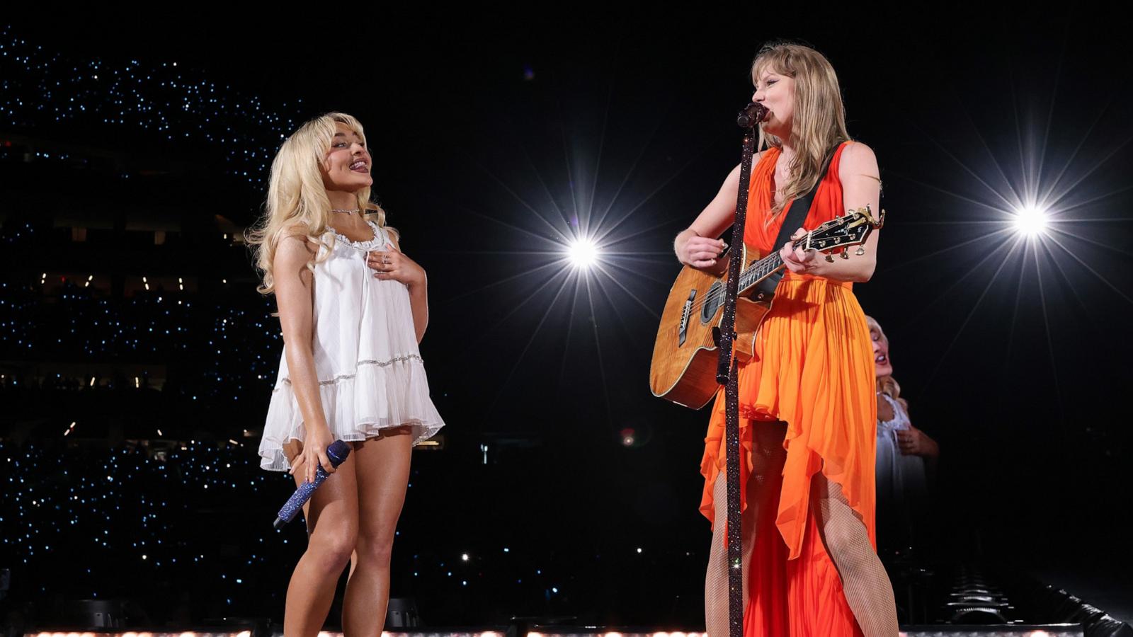 PHOTO: Taylor Swift, right, and Sabrina Carpenter perform onstage during night two of The Eras Tour at Caesars Superdome, Oct. 26, 2024, in New Orleans.