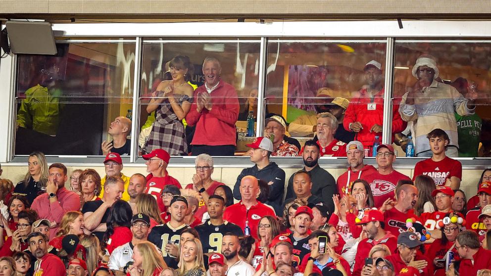 PHOTO: In this Oct. 7, 2024, file photo, Taylor Swift and her father, Scott Swift, watch the NFL game between the Kansas City Chiefs and the New Orleans Saints at GEHA Field at Arrowhead Stadium in Kansas City, Missouri. 