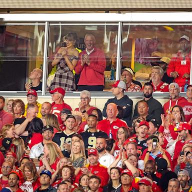 PHOTO: In this Oct. 7, 2024, file photo, Taylor Swift and her father, Scott Swift, watch the NFL game between the Kansas City Chiefs and the New Orleans Saints at GEHA Field at Arrowhead Stadium in Kansas City, Missouri. 
