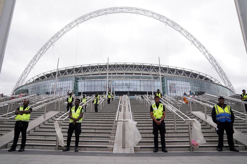 PHOTO: A general view of the heightened security outside Wembley Stadium in north west London, ahead of Taylor Swift's latest Eras Tour concert the venue, on Aug. 15, 2024. 