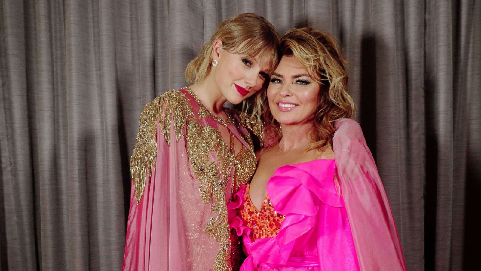 PHOTO: Taylor Swift and Shania Twain pose during the 2019 American Music Awards at Microsoft Theater on Nov. 24, 2019 in Los Angeles.