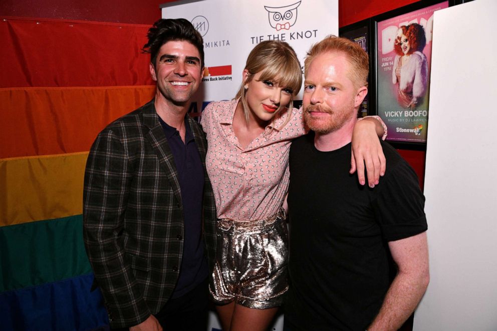 Justin Mikita, Taylor Swift, and Jesse Tyler Ferguson attend AEG and Stonewall Inns pride celebration commemorating the 50th anniversary of the Stonewall Uprising.