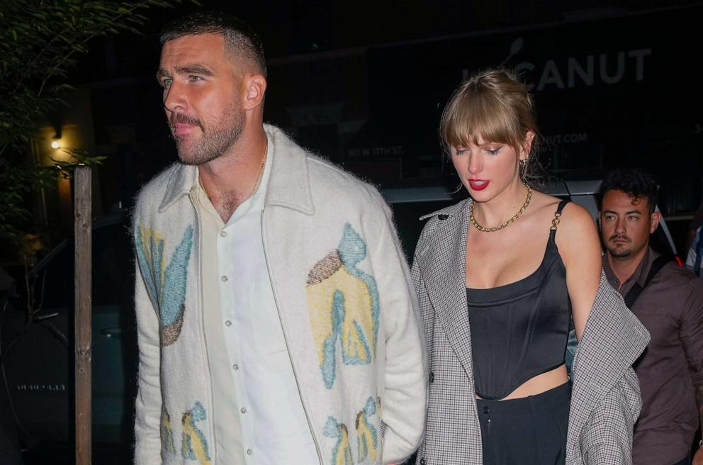 PHOTO: Travis Kelce and Taylor Swift are seen leaving the SNL after party on Oct. 15, 2023 in New York.