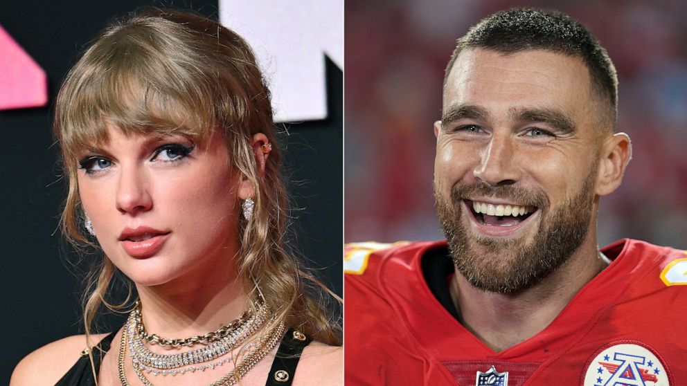 PHOTO: Split image showing Taylor Swift at the MTV Video Music Awards in N. J., on Sept. 12, 2023, and Travis Kelce smiling while being interviewed after the Chiefs defeated the Las Vegas Raiders at Arrowhead Stadium on Oct. 10, 2022 in Kansas City, Mo.