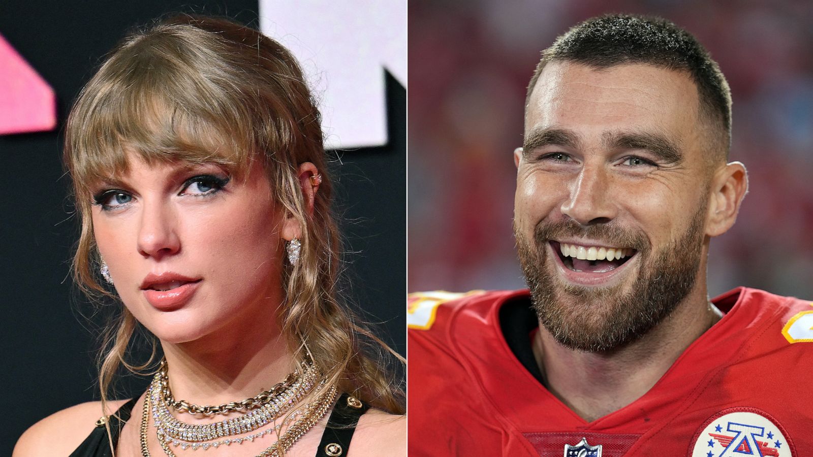 PHOTO: Split image showing Taylor Swift at the MTV Video Music Awards in N. J., on Sept. 12, 2023, and Travis Kelce smiling while being interviewed after the Chiefs defeated the Las Vegas Raiders at Arrowhead Stadium on Oct. 10, 2022 in Kansas City, Mo.