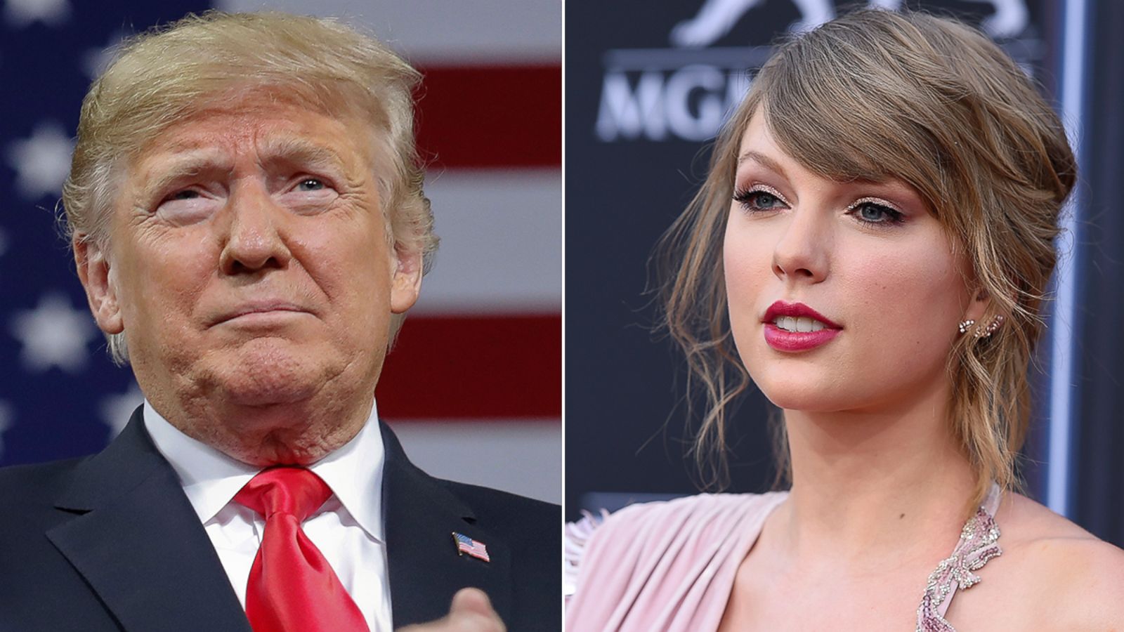 PHOTO: President Donald Trump at a campaign rally on Oct. 6, 2018 in Topeka, Kan. Taylor Swift arrives at the Billboard Music Awards in Las Vegas, May 20, 2018.