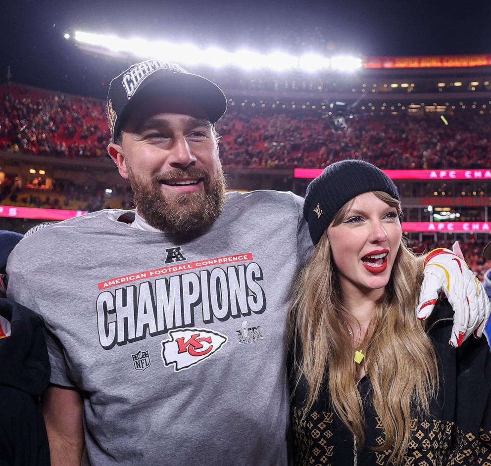 PHOTO: Taylor Swift celebrates with Travis Kelce #87 of the Kansas City Chiefs after defeating the Buffalo Bills 32-29 in the AFC Championship Game at GEHA Field at Arrowhead Stadium on Jan. 26, 2025 in Kansas City, Mo.